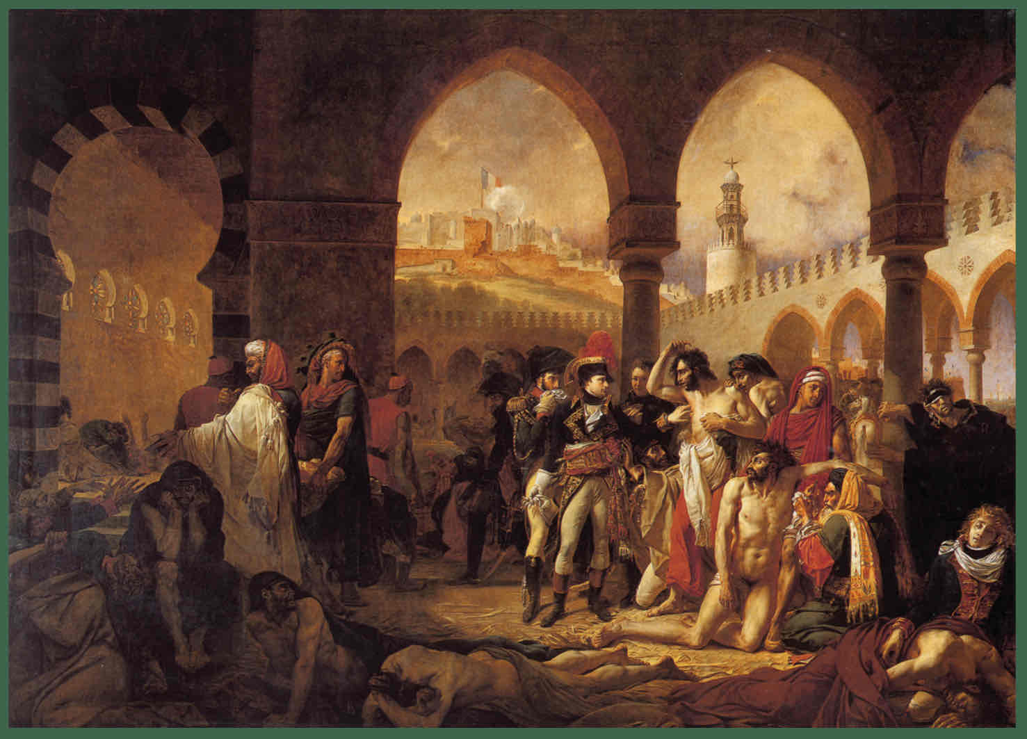 <p>In this painting, Napoleon Bonaparte is portrayed as a divine figure, transcending the horrors of disease as he visits plague victims in Israel. Through such artistic representations, European powers perpetuated Orientalist narratives that justified their colonial dominance and portrayed the "other" as in need of their intervention and guidance. </p>