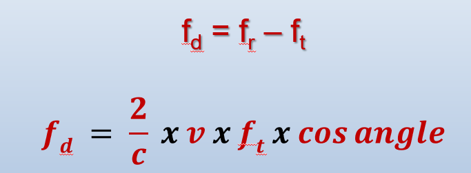 <p>determine V based on doppler shift</p><p>doppler angle <u>MUST</u> be parallel to flow</p><p></p><p><strong>c</strong>: propagation speed</p>