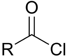 <p>double bonded oxygen attached to an R group and a Cl</p>