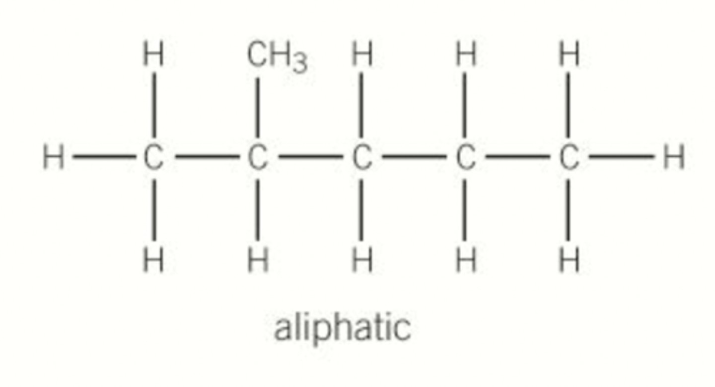 <p>Hydrocarbon with carbon atoms joined together in a straight line or branched chain</p>