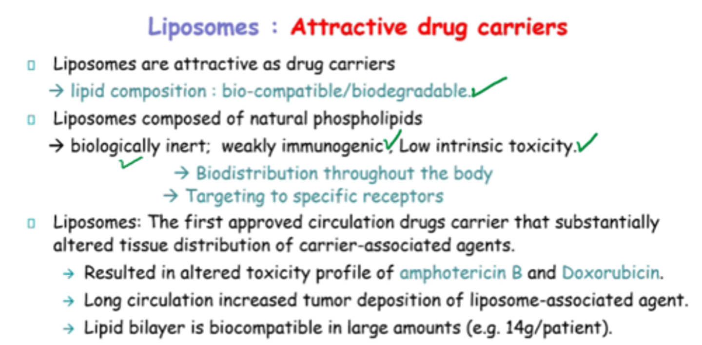 <p>- Biocompatible and biodegradable.</p><p>- Biologically inert.</p><p>- Weakly immunogenic.</p><p>- Low toxicity.</p><p>- Good biodistribution.</p><p>- Good for targeting receptors</p>