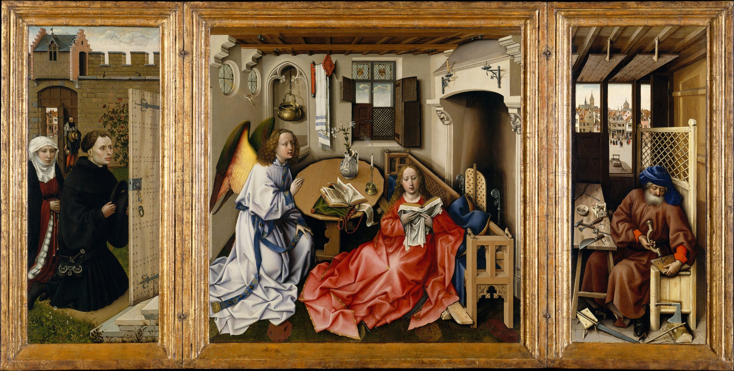 <p><span style="background-color: transparent;"><strong><span>The Merode Altarpiece, 1425 </span></strong></span></p><p>Painted <span style="background-color: transparent;"><strong><span>with oil paint. There is a shit ton of details, along with symbolism. Purify + Divine mission, there were lots of symbolism</span></strong></span></p>
