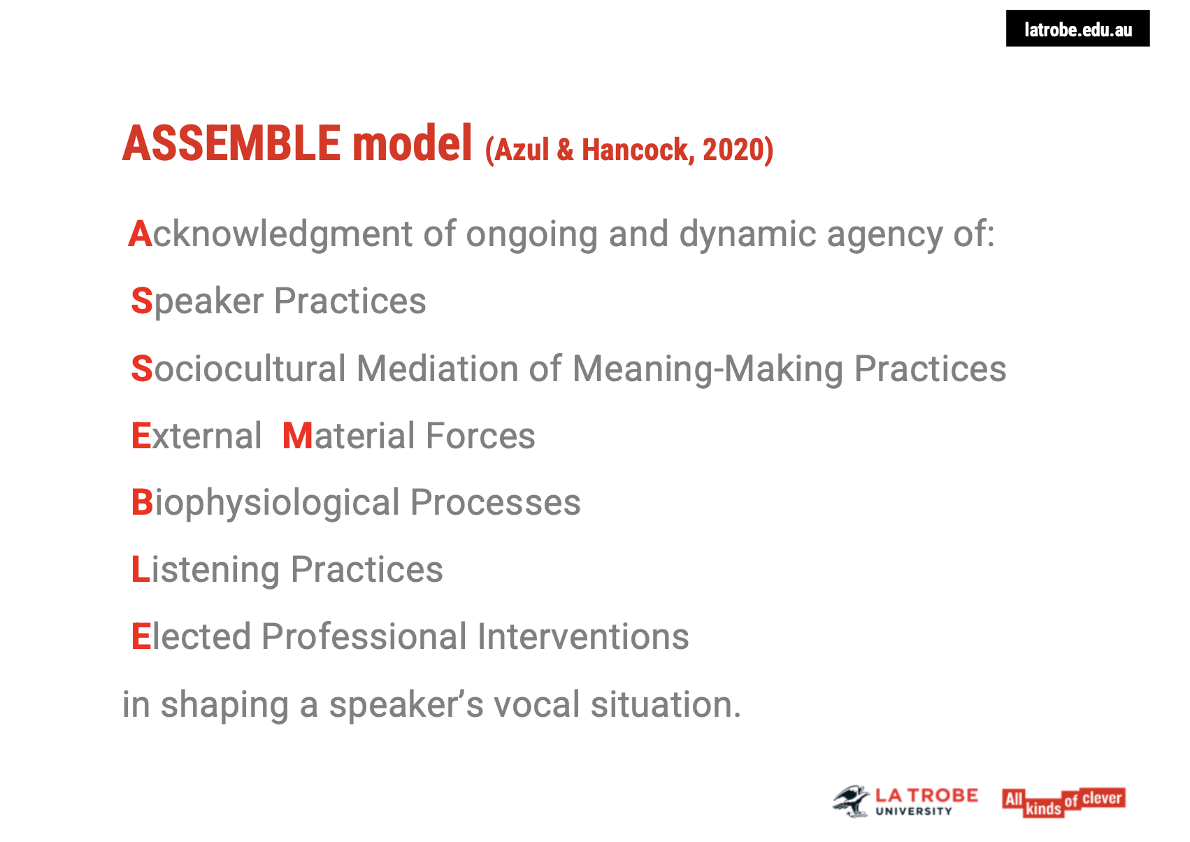 <p><span><strong>Overview of the Assemblage Model</strong></span></p><ul><li><p><span><strong>Key Concept</strong>: The Assemblage Model, as explored by&nbsp;<strong>Azul and Hancock (2020)</strong>, presents an alternative perspective on voice production and disorders.</span></p><ul><li><p><span><strong>Interconnected Forces</strong>: This model highlights how&nbsp;<strong>biophysiological</strong>,&nbsp;<strong>psychological</strong>, and&nbsp;<strong>environmental</strong>factors&nbsp;<strong>interact</strong>&nbsp;and contribute to voice problems.</span></p></li><li><p><span><strong>Holistic View</strong>: It emphasizes that voice issues should not be confined to just one category (e.g., functional, organic, psychogenic) but rather viewed as influenced by multiple dynamic forces.</span></p></li></ul></li></ul><p>&nbsp;</p><p><span><strong>Key Focus in Azul &amp; Hancock's Article</strong></span></p><ul><li><p><span><strong>Interaction of Forces</strong>: The article delves into how&nbsp;<strong>different forces</strong>, such as&nbsp;<strong>mental health</strong>,&nbsp;<strong>social stressors</strong>, and&nbsp;<strong>physical changes</strong>, come together to influence voice production.</span></p></li><li><p><span><strong>Impact on Voice Problems</strong>: The model explores how these interacting factors can&nbsp;<strong>lead to voice disorders</strong>&nbsp;and provides insights into managing and addressing them.</span></p></li></ul><p>&nbsp;</p><p><span><strong>Relevance for Practitioners</strong></span></p><ul><li><p><span><strong>Integrated Treatment</strong>: By understanding these complex interactions, health professionals can develop more&nbsp;<strong>comprehensive</strong>&nbsp;and&nbsp;<strong>individualized treatment plans</strong>.</span></p></li><li><p><span><strong>Broadening Perspectives</strong>: The Assemblage Model encourages a shift from traditional, isolated classifications to a more&nbsp;<strong>multifaceted understanding</strong>&nbsp;of voice disorders.</span></p></li></ul><p>&nbsp;</p><p><span><strong>Takeaway:</strong></span></p><ul><li><p><span><strong>Azul and Hancock (2020)</strong>&nbsp;offer a significant contribution to understanding&nbsp;<strong>voice production</strong>&nbsp;and&nbsp;<strong>disorders</strong>&nbsp;by proposing an&nbsp;<strong>interconnected</strong>&nbsp;model that moves away from narrow categorizations, aligning more with a&nbsp;<strong>holistic, multidimensional view</strong>.</span></p></li></ul><p></p>