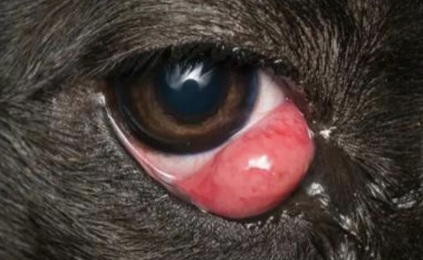 <p>A prolapse of the lacrimal gland is also called what, and is found in cocker spaniels and bulldogs? It can be due to weakness or rupture of the CT anchoring it to the periorbita, is often idiopathic, can be genetic, is more common in young dogs, and can also be found in Lhasa apsos, shih tzus, and brachycephalic breeds. It can be unilateral or bilateral, involve epiphora, mild irritation, conjunctival hyperemia, and can develop to KCS if the gland’s function is compromised.</p>
