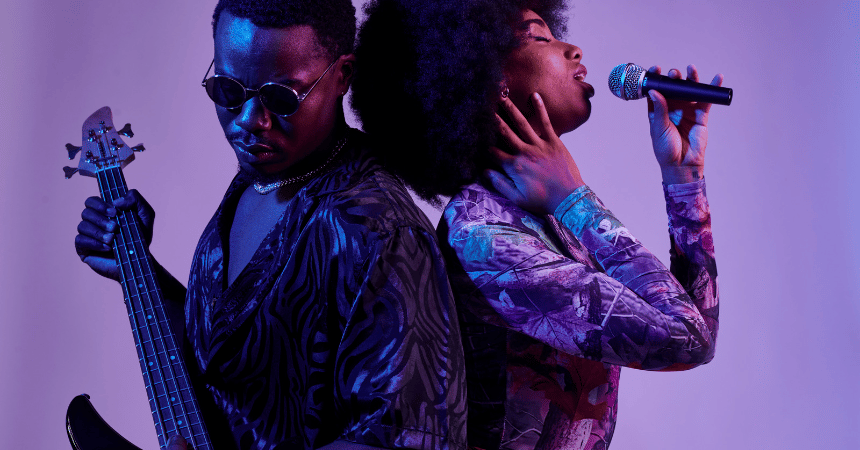 <p>Rhythm and blues, a genre of popular African-American music characterized by a strong backbeat, syncopation, and improvisation.</p>