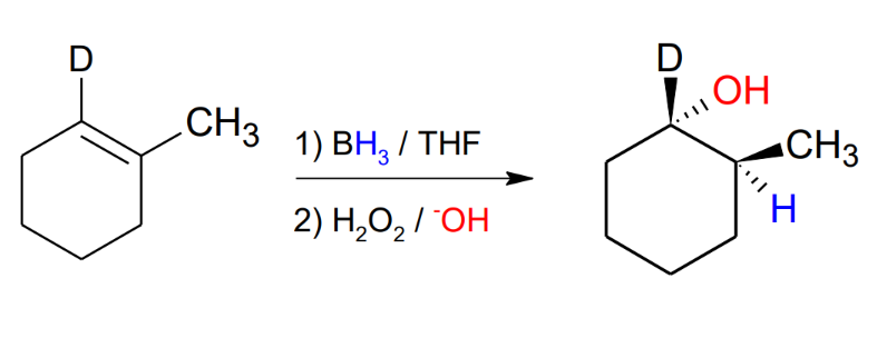 <p>anti mark, same stereochemistry.</p><p>Mechanism:<br>1. BH3 adds to the double bond on a single step</p><ol start="2"><li><p>Then gets replaced by a OH</p></li></ol><p></p>