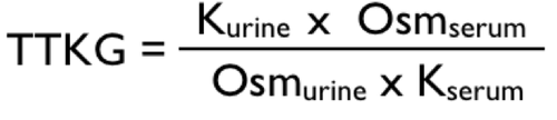 TTKG is a measure of renal K+ secretion: where UK and PK are urinary and plasma [K+], and Uosm and Posm are urinary and plasma osmolality.