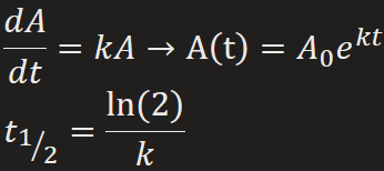 <p>“time it takes for ½ of the atoms in an initial amount A<sub>0</sub> of a radioactive substance to transmute into the atoms of another element,” measuring the stability of a radioactive substance</p>