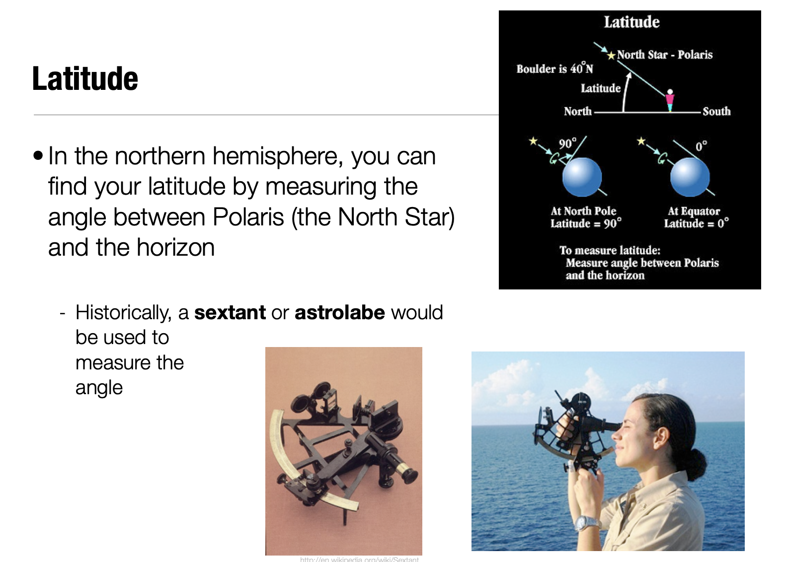 <p>In the northern hemisphere, you can find your latitude by measuring the angle between Polaris (the North Star) and the horizon</p><p>Historically, a <strong>sextant</strong> or <strong>astrolabe </strong>would be used to measure the angle</p><p></p>
