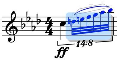 <p>Read as X against X. In this case: “14 against 8”. The first number tells us how many notes are in the tuplet. The second number tells us how many numbers of notes are being replaced. In this case, if sixteenth notes were being replaced, there would be 14 thirty-second notes in the span of 8 sixteenth notes. Also used to show polyrhythm</p>