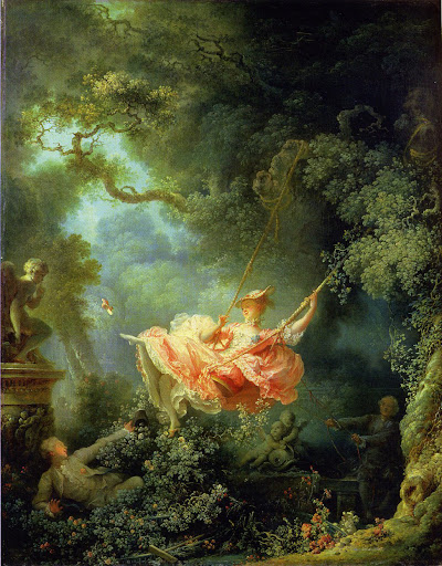 <p>Oil</p><p>Rococo</p><p>Fragonard</p><p>Ruffle dress → wealthy</p><p>Sexual undertones- shoe comes off, dress flies up, guy sitting beneath her, hushing cupid, voyeurism of man in back</p><p>Commissioned anonymously</p>