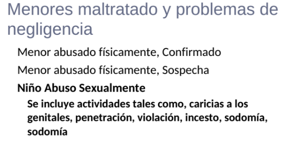 <p> caricias a los genitales, penetracion, violacion, incesto, sodomia</p>