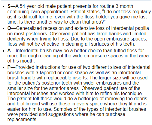 <p>all interdental aid recommendations and demonstrations with the patient</p>