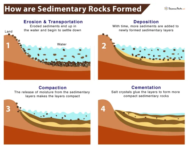 <ul><li><p><strong><u>Deposition and Lithification</u></strong></p></li><li><p><strong>Weathering &amp; Erosion</strong> – Breakdown of pre-existing rocks.</p></li><li><p><strong>Transport</strong> – Sediments are moved by water, wind, or ice.</p></li><li><p><strong>Deposition</strong> – Sediments settle in basins (rivers, lakes, oceans).</p></li><li><p><strong>Compaction &amp; Cementation</strong> – Pressure and mineral precipitation lithify sediments into rock.</p></li></ul><p></p>