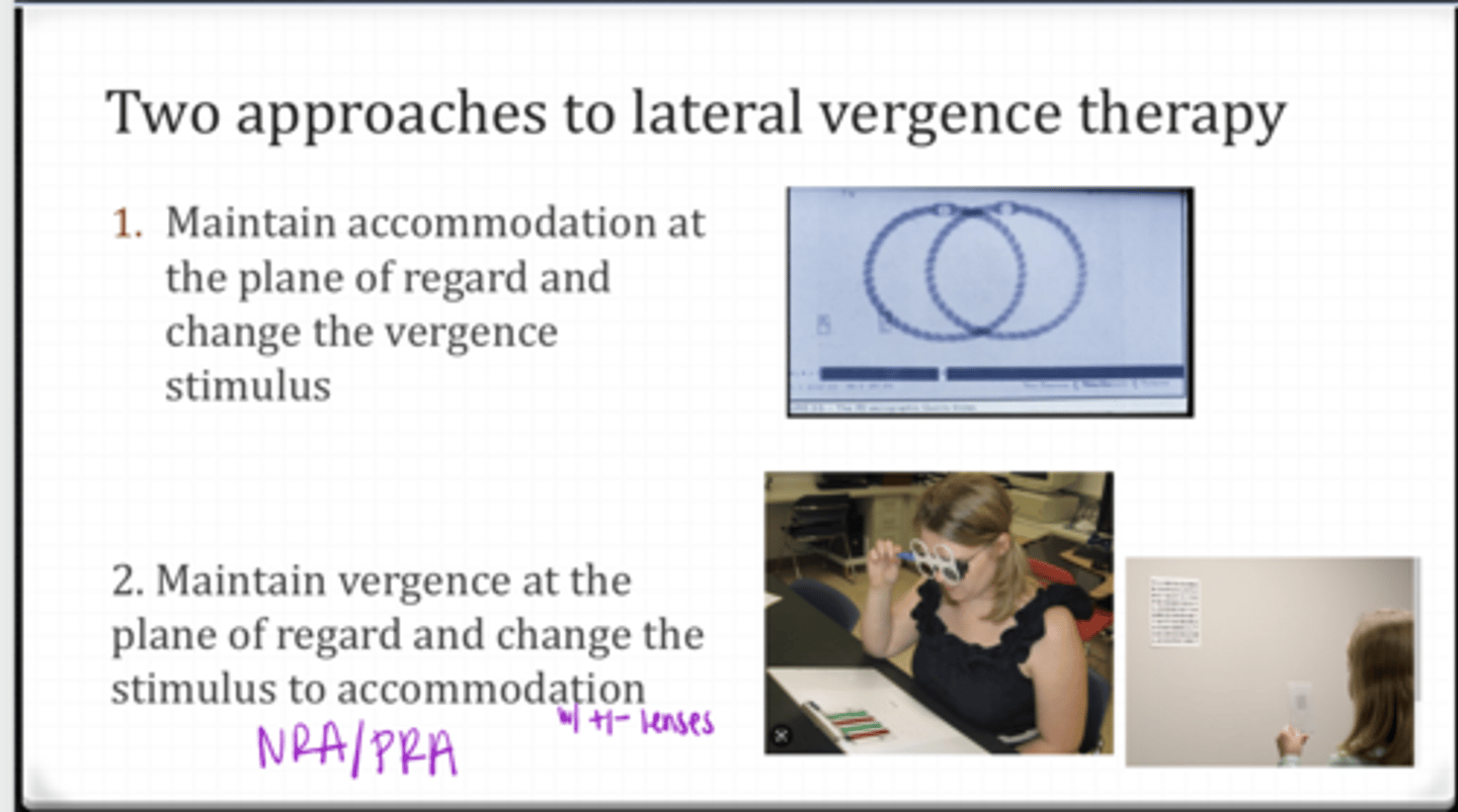 <p>What are the 2 approaches to lateral vergence therapy?</p>
