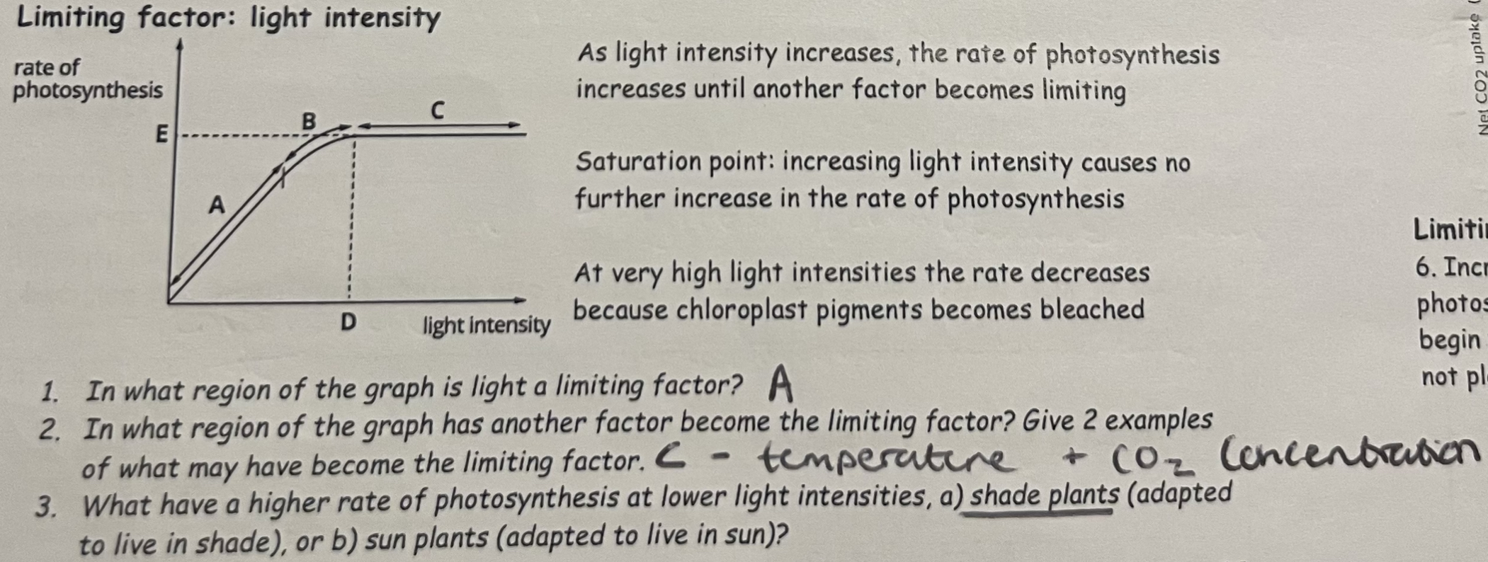 <p>Decreasing light intensity means that less ATP &amp; NADPH2 are made during the light dependent reactions, so less glycerate-3-phosphate is reduced to triose phosphate in the light independent reactions.</p><p>This means less ribulose bisphosphate is regenerated to continue the Calvin cycle &amp; less glucose is produced so the rate of photosynthesis is reduced.</p>