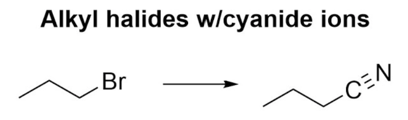 <p><strong>Haloalkane to Nitrile </strong></p><ul><li><p>works for methyl, 1°, and 2° haloalkanes</p></li><li><p>carbon carbon bond forms</p></li><li><p>rxn type: SN2 → inversion</p></li></ul><p></p>