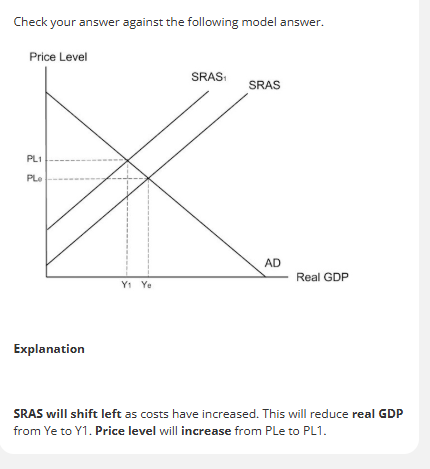 <p>VAT is an indirect tax which is paid on goods at each stage of production or distribution</p><p>VAT increase costs, producers cant afford to produce as much, SRAS will shift inwards.</p><p>EVALUATION: with the increase in VAT, government can spend it on schools, education, benefits, police, doctors, teachers, subsidies, transport, pensions. </p>