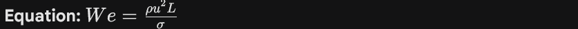 <ul><li><p><strong>Definition:</strong> The ratio of inertial forces to surface tension forces.</p></li><li><p><strong>Utility:</strong> Important in multiphase flows, such as droplet formation or bubbles, where surface tension dominates.</p></li></ul><p></p>