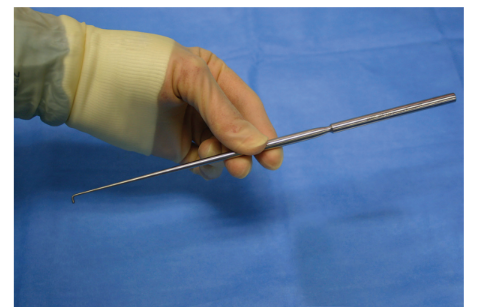 <p>Nickname: Nerve hook</p><p>Use: Retraction of nerves</p><p>Features:Long, slender handle, blunt, atraumatic, right-angle tip</p>