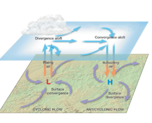 Air that is forced to rise due to convergence at the surface low eventually diverges aloft
•Air above cyclone diverges (spreads out)
Air converges aloft above the surface high and sinks to replace the diverging air at the surface
•Air above anticyclone converges (comes together)
