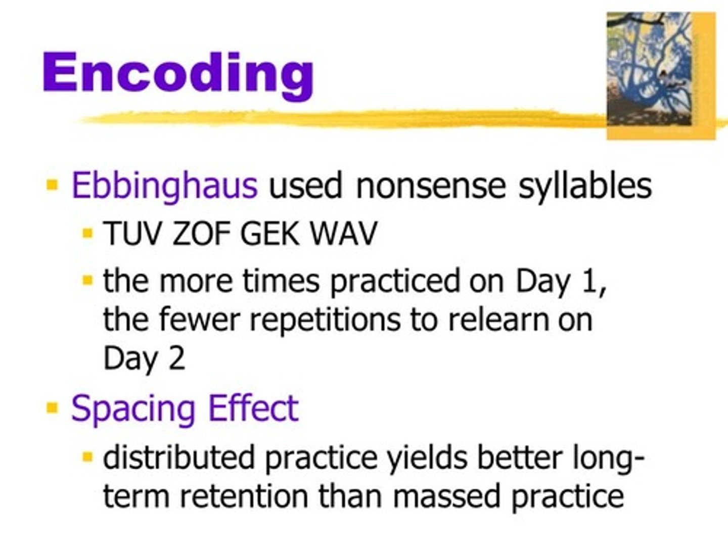 <p>True. The encoding strategy of Spacing explains that learning occurs best spread out over time, not cramming.</p>