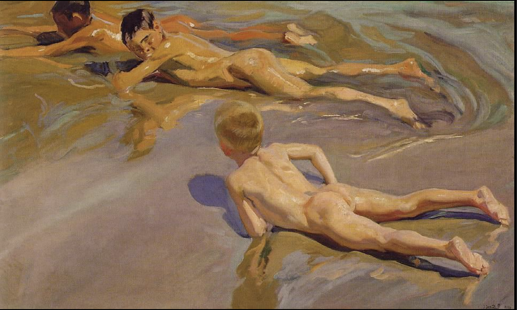 <ul><li><p><span><strong>Key Features</strong>:<br><br></span></p><ul><li><p><span>Sorolla’s portrayal of children playing on the beach is full of light, color, and movement.<br><br></span></p></li><li><p><span>The focus is on the carefree nature of childhood, with vibrant blues and greens reflecting the coastal environment.<br><br></span></p></li><li><p><span>The depiction of the children’s figures is relaxed and joyful, showcasing Sorolla’s ability to capture moments of innocence.<br><br></span></p></li></ul></li><li><p><span><strong>Memorable Fact</strong>: One of Sorolla’s most famous beach scenes, celebrated for its joyful energy and beautiful use of sunlight.<br><br></span></p></li></ul><p></p>
