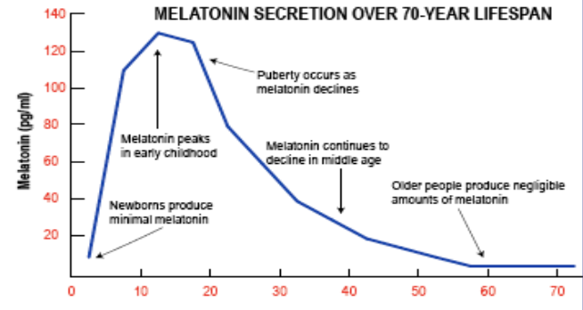 <p><span><strong>Neonatal</strong></span></p><ul><li><p><span>minimal melatonin production&nbsp;</span></p></li><li><p><span>= no night/day cycle, mostly asleep with regular short period of being awake - SCN not active?</span></p></li></ul><p><span><strong>Infants&nbsp;</strong></span></p><ul><li><p><span>rapid increase in melatonin&nbsp;</span></p></li><li><p><span>= night/day cycle and establishment of circadian rhythm&nbsp;</span></p></li></ul><p><span><strong>Children&nbsp;</strong></span></p><ul><li><p><span>melatonin still high = fewer but longer naps, and night sleep</span></p></li></ul><p><span><strong>Adolescents&nbsp;</strong></span></p><ul><li><p><span>melatonin starts to drop = puberty and night sleep only</span></p></li><li><p><span>circadian rhythm delayed by 1-2 hours</span></p></li></ul><p><span><strong>Adulthood&nbsp;</strong></span></p><ul><li><p><span>Slow decline in melatonin</span></p></li></ul><p><span><strong>Old age&nbsp;</strong></span></p><ul><li><p><span>low melatonin production</span></p></li></ul><p></p>