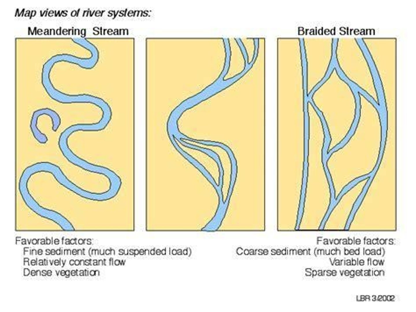 <p>Braided = multiple channels, coarse sediment, variable flow. Meandering = single, winding channel, fine sediment.</p>