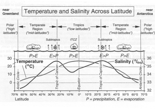 <ul><li><p>Low pressure and high evaporation creates areas of low salinity</p></li><li><p>High pressure and low evaporation creates areas of high salinity </p></li></ul>