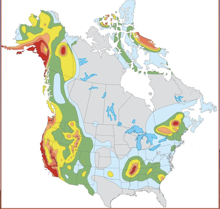Because of dense continental bedrock, these earthquakes are felt over large areas.

\
There are two relatively active intraplate zones in North America:

* Central Mississippi River valley 
* St. Lawrence river valley 

  \

The New Madrid earthquakes in Missouri (1811-12) were over M7.5 and felt over the entire continent.

\
Recurrence interval in this area is likely several hundred years 