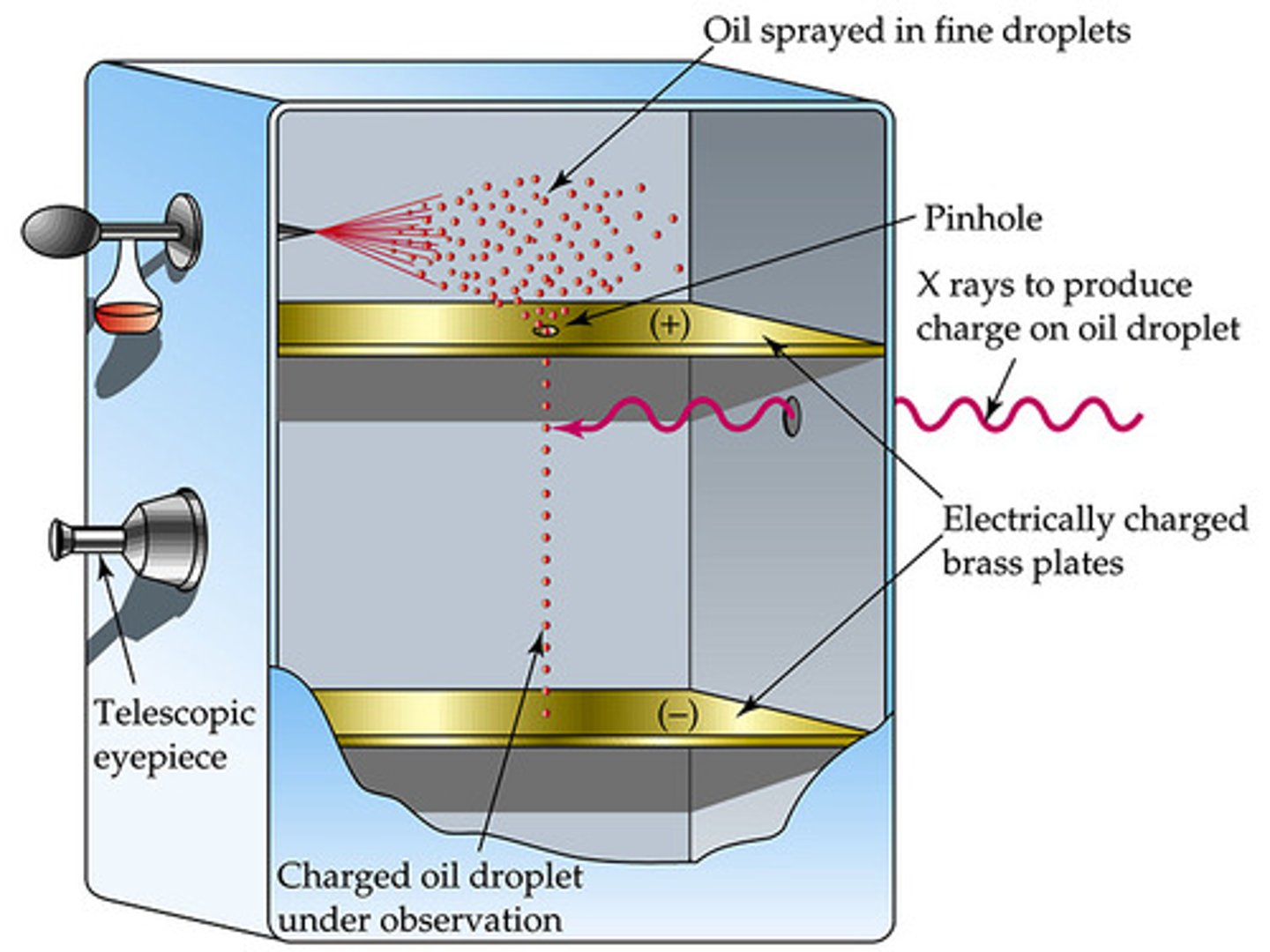 <p>A drop of oil was placed in a cylinder with negative and positive plates, the drops were charged using an x-ray. Different waves of xrays let the drops fall at different rates. Determined that the mass of the electron is 9.10 x 10^-28 by Robert Milikan</p>
