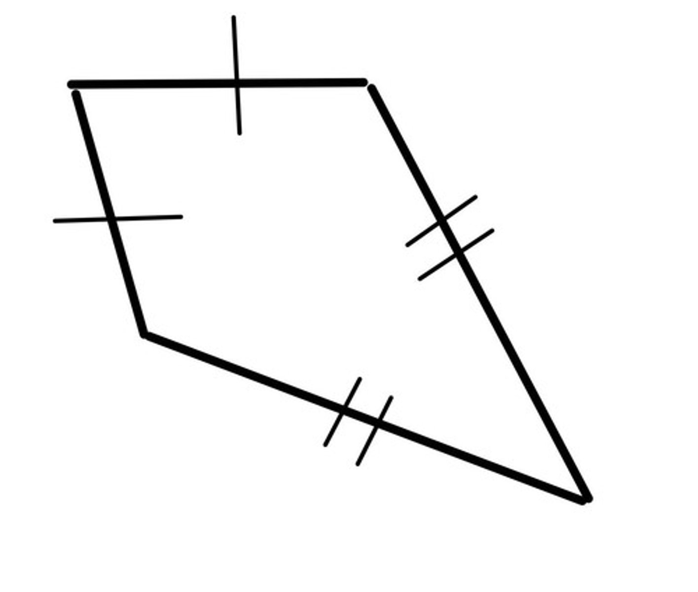 <p>Two pairs of adjacent (touching) sides are equal length, one pair of equal angles, no parallel sides, one line of symmetry</p>