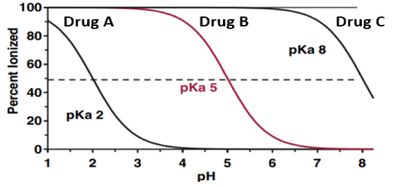 <p> </p><p>Which drug is mostly ionized at all physiological pH conditions?</p><p>Drug A</p><p>Drug B</p><p>Drug C</p><p>None of them.</p>