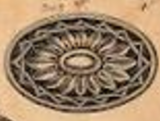 <p>What round or oval ornament, resembling a shallow disk, is carved or inlaid with foliage, geometric, or fan-like designs?</p>