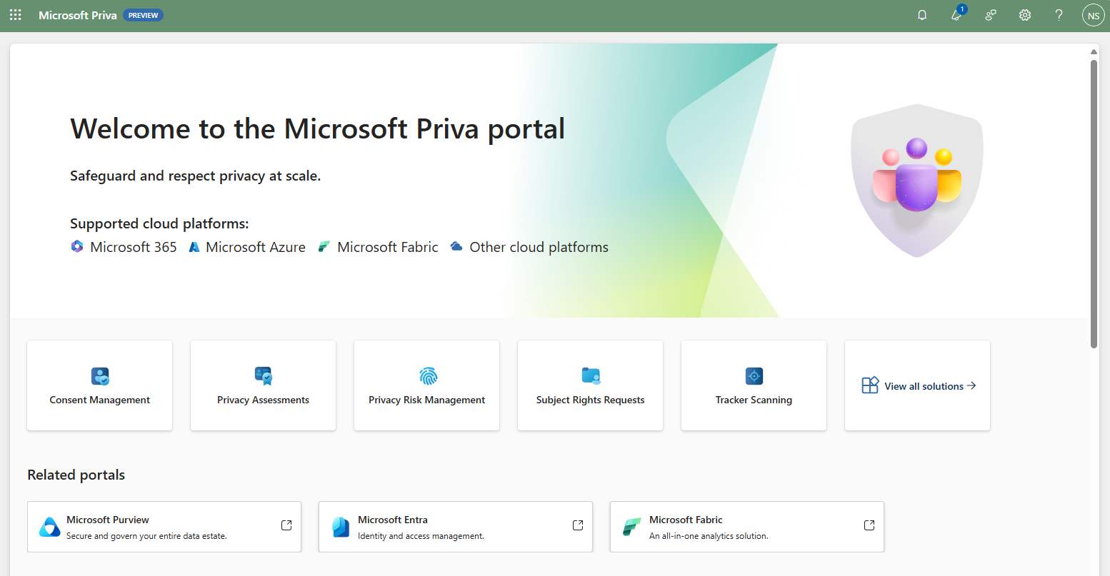 <p><span>The new Priva portal (preview) has a unified experience that streamlines navigation for all Priva solutions and provides a single-entry point for settings, search, and roles and permissions management.</span></p>