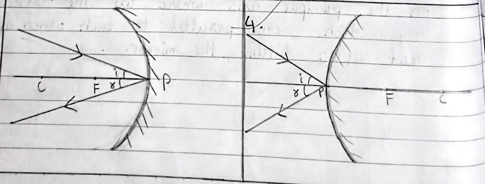 <p>A ray incident obliquely to the principal axis, towards a point P (pole of the mirror), on the concave mirror or a convex mirror, is reflected obliquely. The incident and reflected rays follow the laws of reflection at the point of incidence (point P), making equal angles with the principal axis.</p>