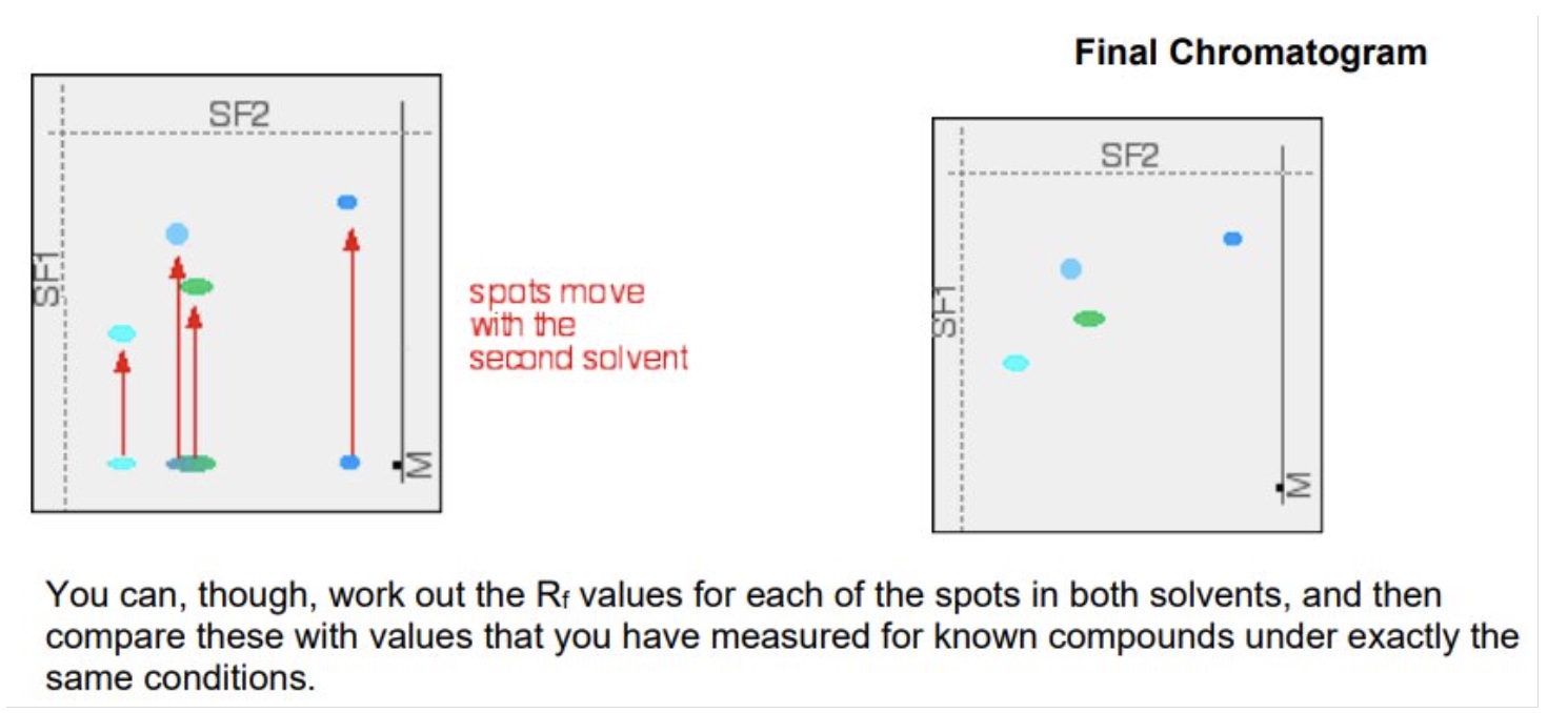 <ul><li><p>a single spot of mixture is placed towards one end of the base line </p></li><li><p>it is stood in a solvent as before + left until the solvent front gets close to the top of the paper </p></li><li><p>wait for the paper to dry out completely + then rotate it through 90° + develop the chromatogram again in a different solvent </p></li><li><p>it is very unlikely that the two similar spots will have the same Rf values in the second solvent as well as the first so the spots will move by a different amount </p></li></ul><p></p>