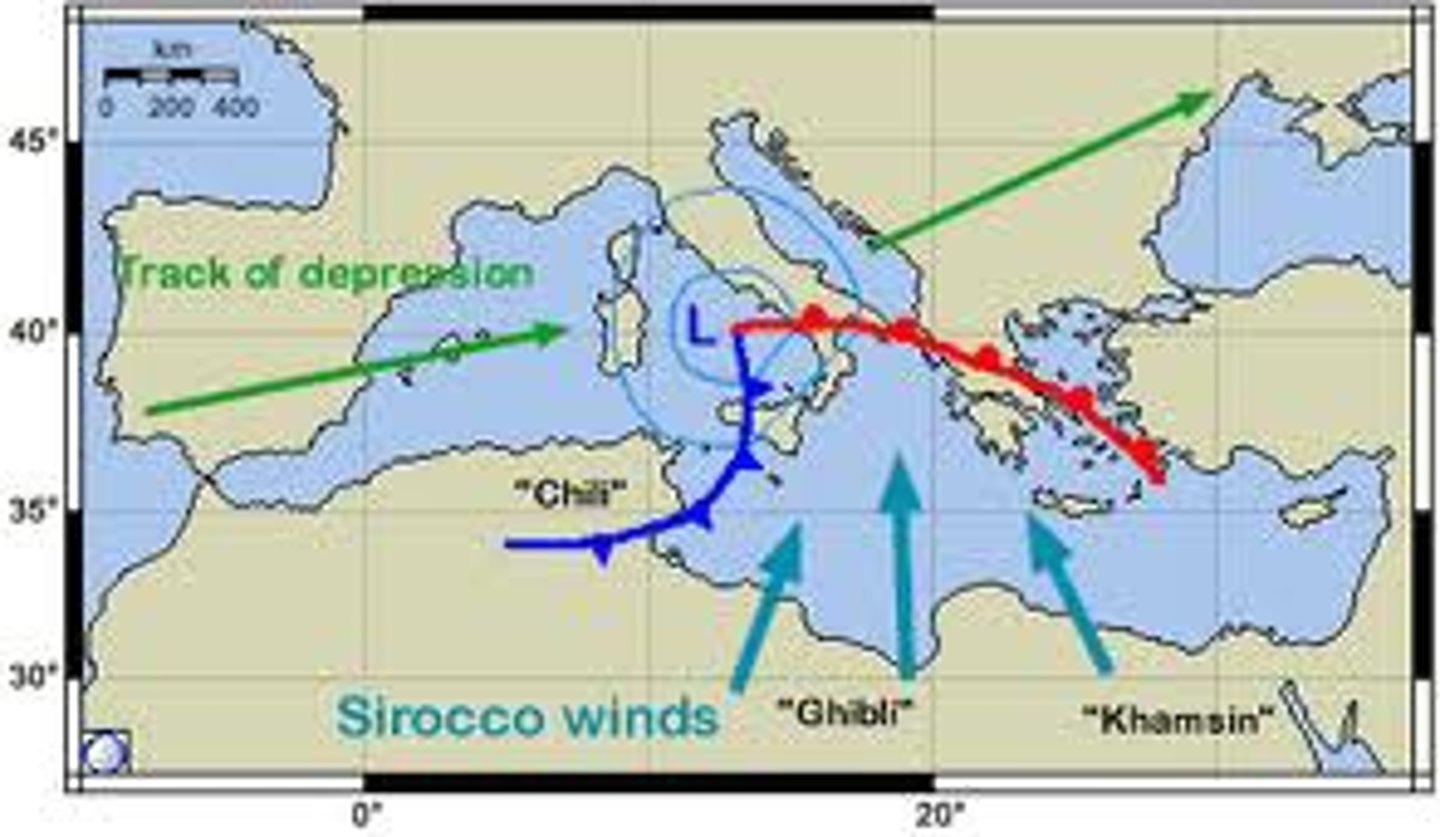 <p>A hot, dry, dust-laden wind that originates in the Sahara desert and blows northward across the Mediterranean Sea</p>