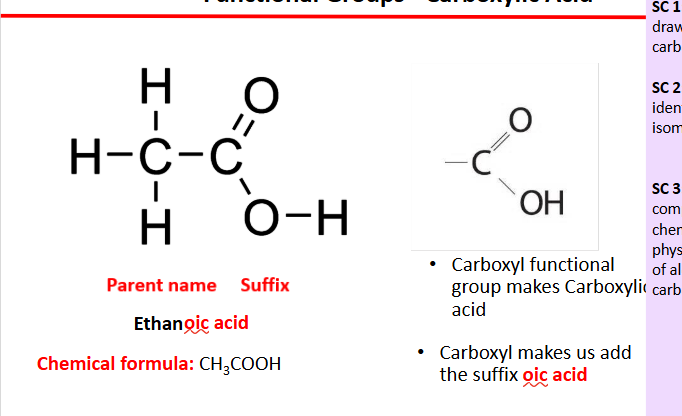 <p>have a carboxyl functional group </p><p></p><p>COOH </p><p>end in oic acid </p><p></p>