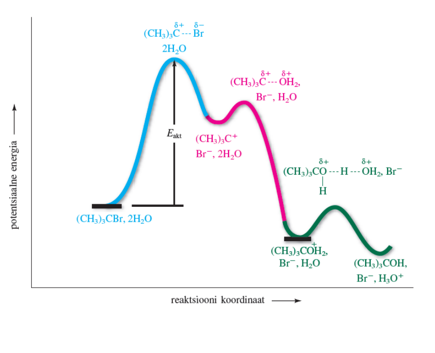 <ul><li><p>Lähteaine [(CH₃)₃CBr, H₂O] hakkab lagunema, Br⁻ lahkub. kulub palju E → kõrge <strong>aktiveerimisenergia E<sub>aktiv.</sub></strong></p><ul><li><p>Karbokat. [(CH₃)₃C⁺] moodustum. ja Br on eraldunud.</p><ul><li><p>Karbokat. on väga ebastabiilne, see on reakts. keskne vaheühend</p></li></ul></li><li><p>H₂O kui Nuc ründab karbokat. ja moodust vaheühendi [(CH₃)₃C--OH₂⁺].</p><ul><li><p>Vee liitumisel graafik korraks tõuseb, sest sidemete moodustamiseks on vaja lisaE.</p></li><li><p>kui H2O on täielikult liitunud, siis E taas langeb</p></li></ul></li><li><p>hapnikul on pluss laeng. ta ei taha seda. sideme katkemiseks on vaja E.</p></li><li><p>kui H on ära läinud, moodustub stabiilne ühend madala E-ga</p></li></ul></li><li><p><span style="color: red"><strong>LÜHIDALT:</strong></span></p><ul><li><p>lähteained <span style="color: rgb(188, 187, 49)"><strong>keskmise </strong></span>Ega</p></li><li><p>LG LEAVES - <span style="color: red"><strong>kõrge </strong></span>E</p></li><li><p>karb kat - <span style="color: rgb(182, 181, 42)"><strong>keskmine</strong></span></p></li><li><p>sideme moodust. - <span style="color: red"><strong>kõrge </strong></span>E</p></li><li><p>lõpuks side teostub - <span style="color: green"><strong>madal </strong></span>E</p></li><li><p>deprotoneerimine - <span style="color: red"><strong>kõrge </strong></span>E</p></li><li><p><span style="color: green"><strong>MADAL </strong></span>E LÕPP-PRODUKT</p></li></ul></li></ul><p></p>