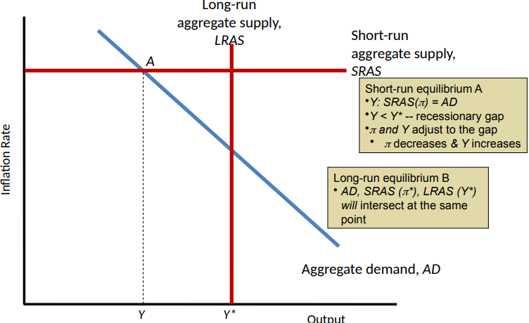 <p>Long-run aggregate supply (LRAS)</p><ul><li><p>A vertical line showing the economy’s potential output Y*</p></li></ul><p>Short-run Aggregate Supply (SRAS)</p><ul><li><p>A horizontal line showing the current rate of&nbsp; inflation, as determined by past expectations and pricing decisions</p></li></ul><p></p>