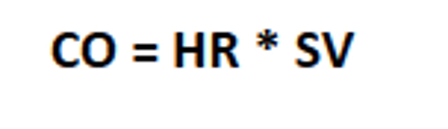 <p>amount of blood pumped out by cardiac system every MINUTE</p><p>formula is for CO is SV x HR</p>