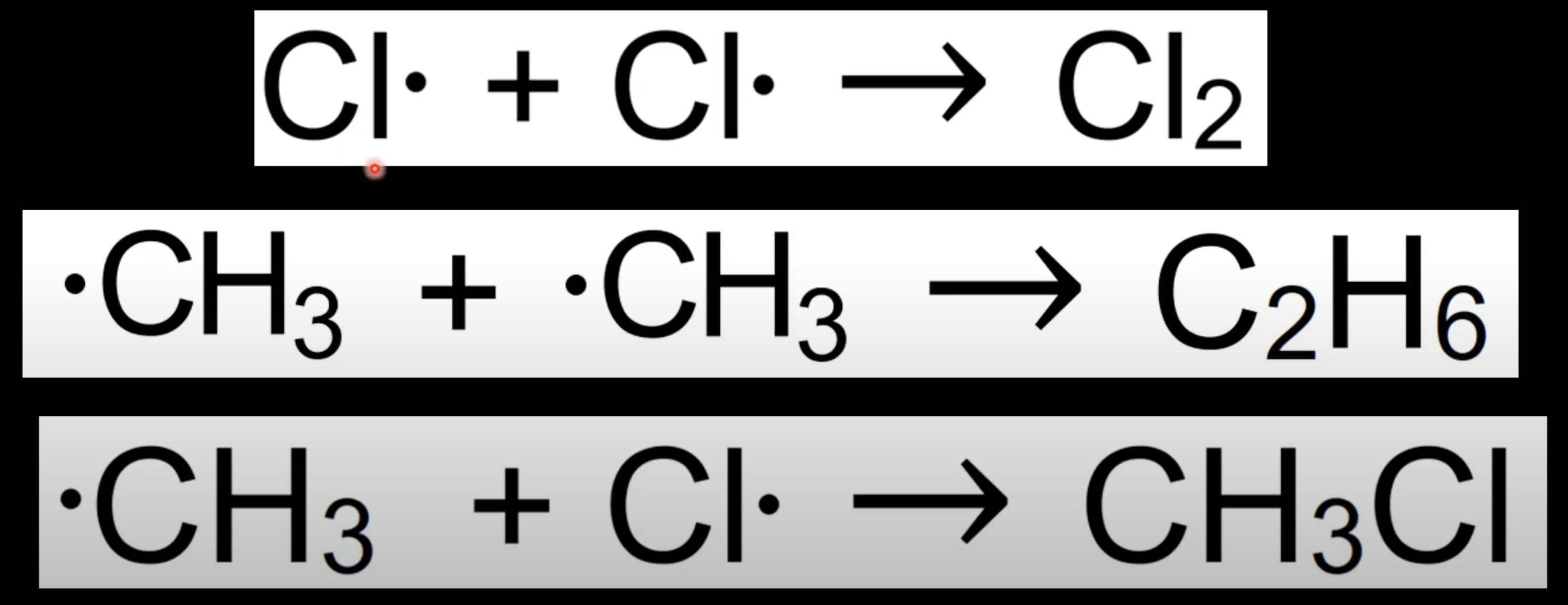 <p>Radicals combine to end chain. </p><p>Removes reactive species.</p><p>Example: Cl• + CH₃• → CH₃Cl.</p>
