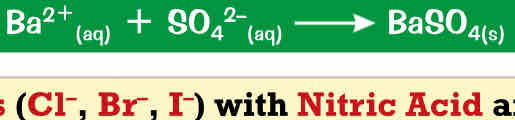 <ul><li><p>to identify sulfate ions (SO_4²-), use a dropping pipette to add couple drops of dilute hydrochloric acid (HCL) following bu couple drops of barium chloride solution (BaCl_2) to test tube containing ur mystery solution. If sulfate ions r present a white precipitate of barium sulfate will form</p></li></ul>