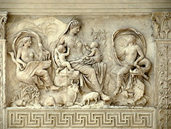 <ul><li><p><span>&nbsp;Tellus</span></p><ul><li><p><span>Shows Tellus (earth), Pax (peace), or Italia cradling twin babies surrounded by symbols of fertility and abundance</span></p><ul><li><p><span>Animals, birds, and lush plants</span></p></li><li><p><span>Sea and sky personifications, representing the harmony of land, sea and air</span></p></li></ul></li><li><p><span>Emphasizes the natural prosperity and peace brought by Augustus’ rule → Pax Romana</span></p></li></ul></li></ul><p></p>
