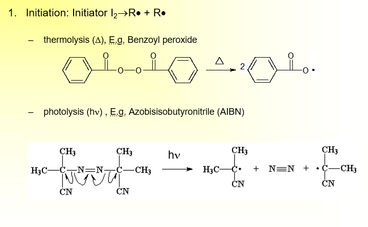 <p>Initiator: Starts formation of radical in presence of some catalyst</p><p><span>Initiation: Initiator I<sub>2</sub>→R· + R·</span></p><p><span>•R · + M → RM ·</span></p><p></p>