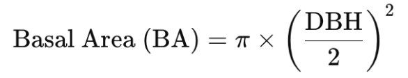 <p>Cross-sectional area of a tree trunk at breast height (typically 1.3 meters or 4.5 feet above the ground) (<strong>m²/ha</strong>)</p><p>At the plot or stand level, G can be expressed as basal area per hectare (Gha) (m²/ha) sum of the basal area of all trees in a hectare (typically extrapolated)</p>