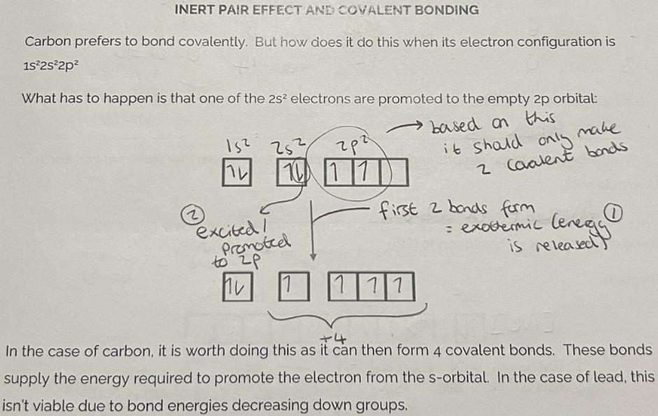 <p>Elements further down the group cannot reach the highest oxidation states in a covalent bond as the energy required to excite the e- is greater than the energy released by bond formation - due to the inert pair effect.</p>