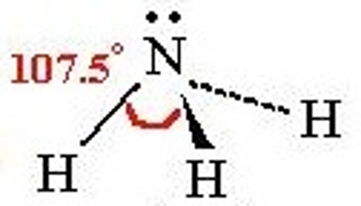 <p>trigonal pyramidal</p><p>Angle: 107.5</p><p>sp3</p>